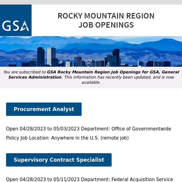 New/Current Job Opportunities in the GSA Rocky Mountain Region