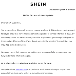 SHEIN Terms of Use Update