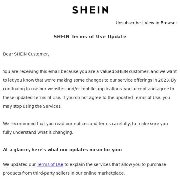 SHEIN Terms of Use Update - SHEIN