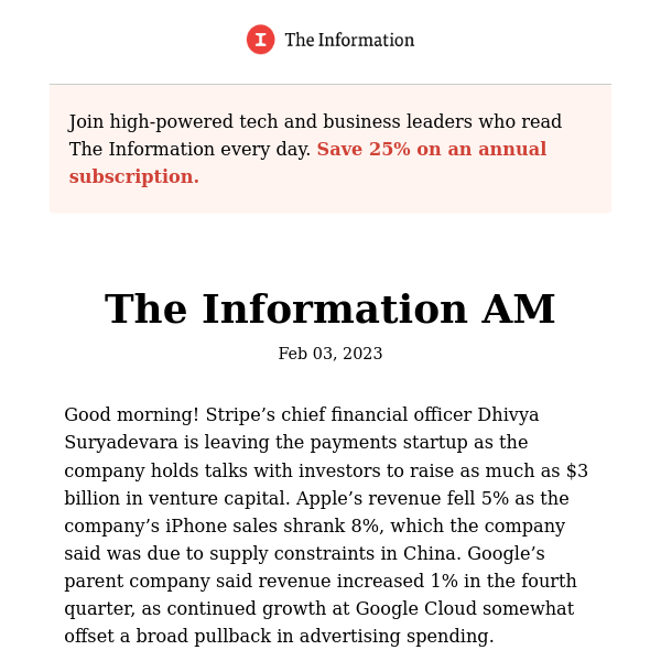 The Information AM - Stripe CFO Dhivya Suryadevara to Leave Company