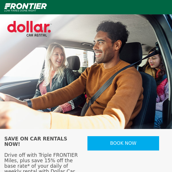 Save 15% on car rentals + 3X FRONTIER Miles