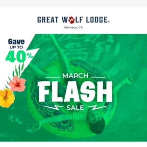 Great Wolf's limited Flash SALE offers up to 40% offers on overnight escapes.