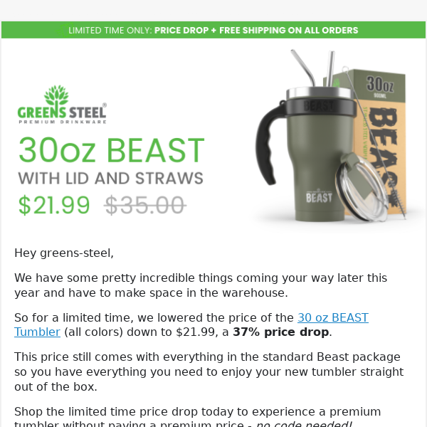 All colors back in stock 🎉 30oz Beast Tumbler - Greens Steel