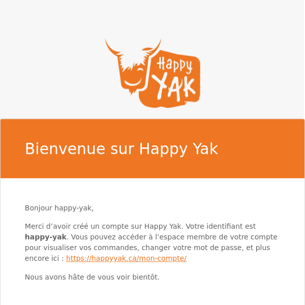 Votre compte sur Happy Yak a été créé
