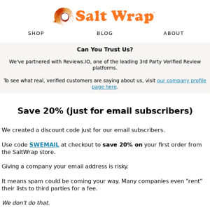 Save 20% On Your First Order From the SaltWrap Store