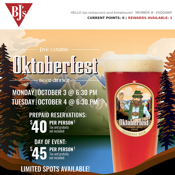 Register Now for our Oktoberfest Beer Dinner 8/3 & 8/4! BJ's