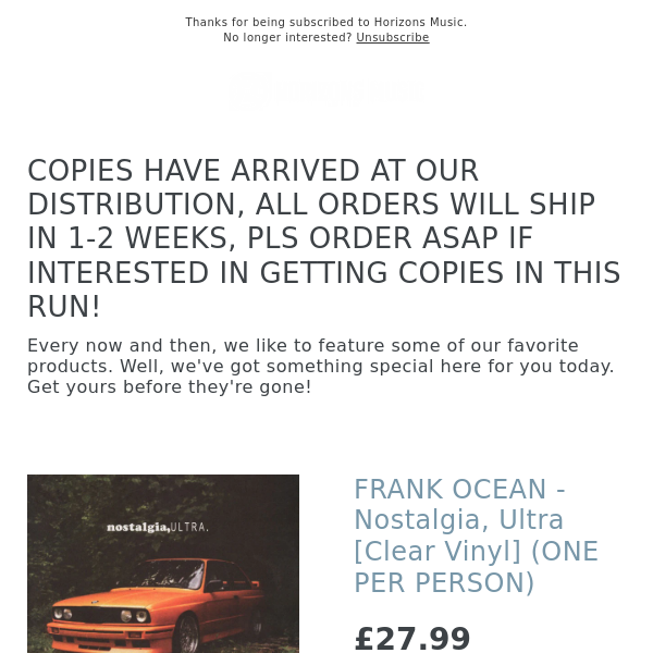 UPDATE! FRANK OCEAN - Nostalgia, Ultra [Clear Vinyl] (ONE PER PERSON)