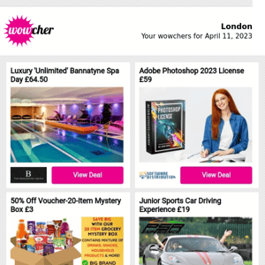 Luxury 'Unlimited' Bannatyne Spa Day £64.50 | Adobe Photoshop 2023 License £59 | 50% Off Voucher-20-Item Mystery Box £3 | Junior Sports Car Driving Experience £19 | Inamo 'Unlimited' Sushi £25