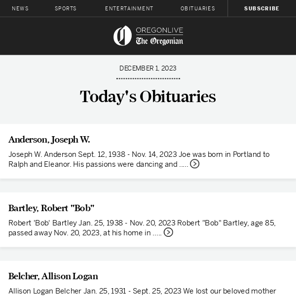 Latest obituaries for December 1, 2023