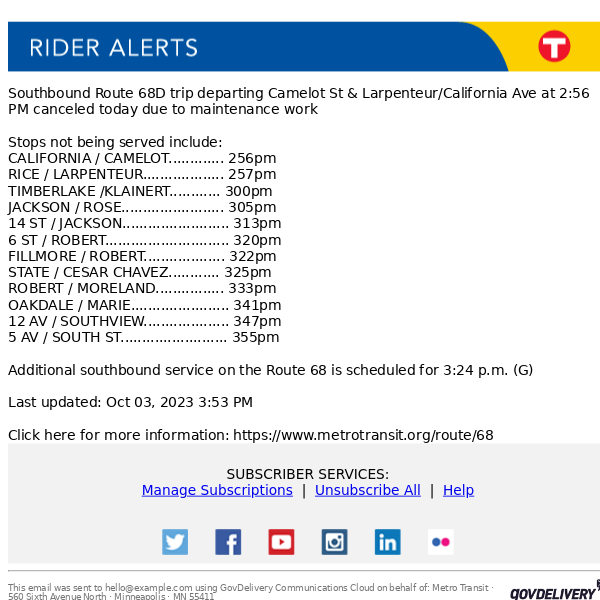 Route 68 trip departing Camelot St & Larpenteur/California Ave at 2:56 PM canceled