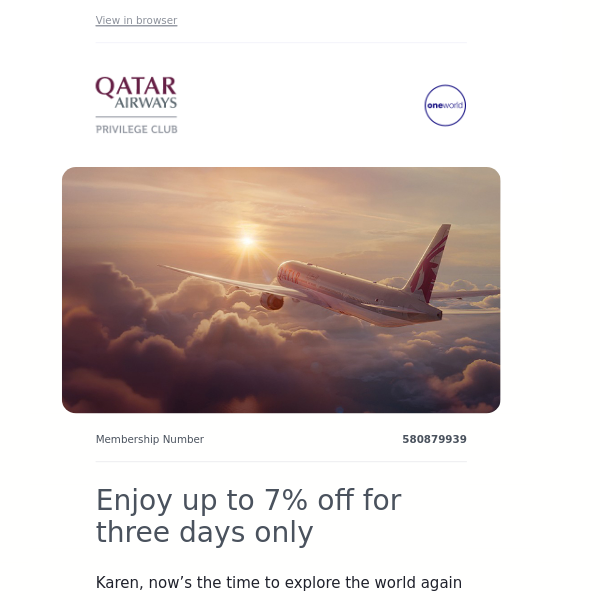 Qatar Airways, get up to 7% off with this limited-time offer