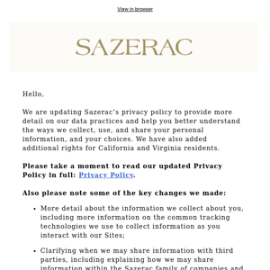 Updates to Sazerac Privacy Policy