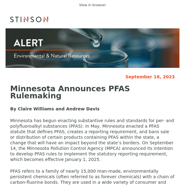 Alert: Minnesota Announces PFAS Rulemaking