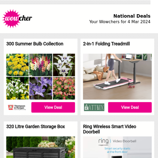 300 Summer Bulb Collection  | 2-in-1 Folding Treadmill | 320 Litre Garden Storage Box | Ring Wireless Smart Video Doorbell