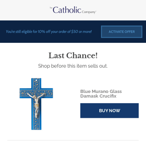 The Blue Murano Glass Damask Crucifix is almost gone! Get it before it’s gone and save 10%