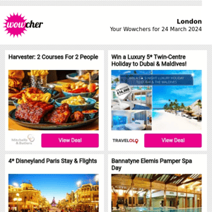 Harvester: 2 Courses For 2 People | Win a Luxury 5* Twin-Centre Holiday to Dubai & Maldives! | 4* Disneyland Paris Stay & Flights | Bannatyne Elemis Pamper Spa Day | Mystery Holiday - 2024 Dates