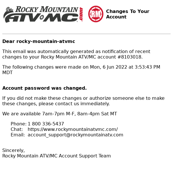 Your Rocky Mountain ATV/MC account information has changed