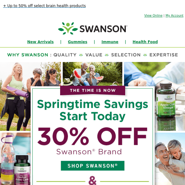 Swanson Health, take 30% off Swanson® and 15% off hundreds of other brands!  