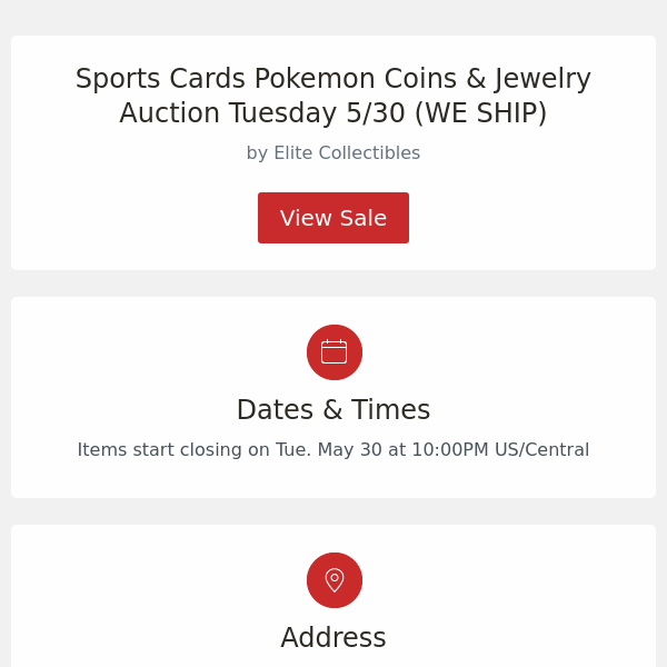 Sports Cards Pokemon Coins & Jewelry Auction Tuesday 5/30 (WE SHIP)