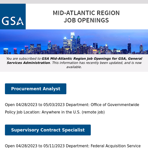New/Current Job Opportunities in the GSA Mid-Atlantic Region