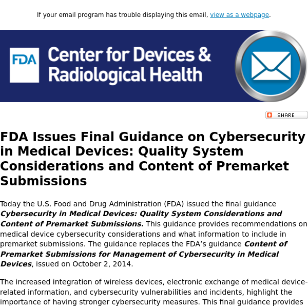 Final Guidance: Cybersecurity in Medical Devices