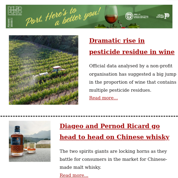 Dramatic rise in pesticide residue in wine / Diageo and Pernod Ricard lock horns in China / Top Chardonnays for under £25