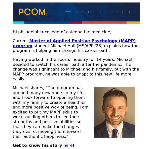 Meet Michael, a current positive psychology student at PCOM