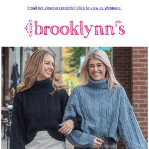 Winter Blowout! ☃️☃️ 15+ sweaters $19.99 & LESS! Shop in-store or online at www.brooklynns.com.