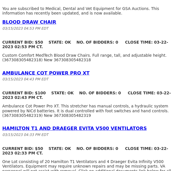 GSA Auctions Medical, Dental and Vet Equipment Update