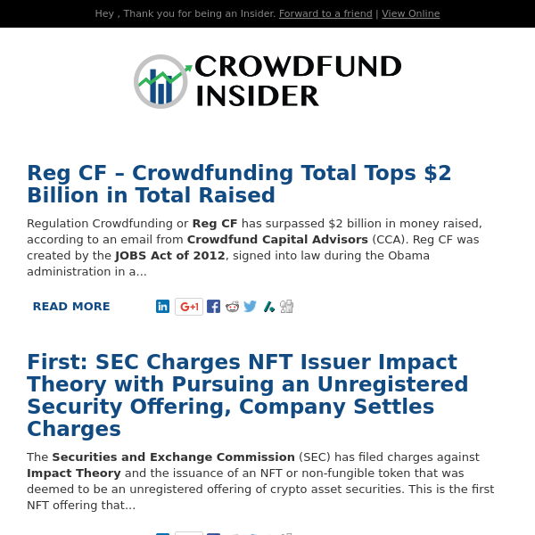 Reg CF Over $2B, Steward Update, First NFT Enforcement Action