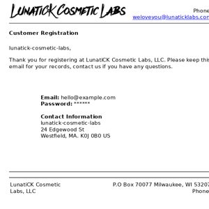 LunatiCK Cosmetic Labs, LLC: Customer Registration