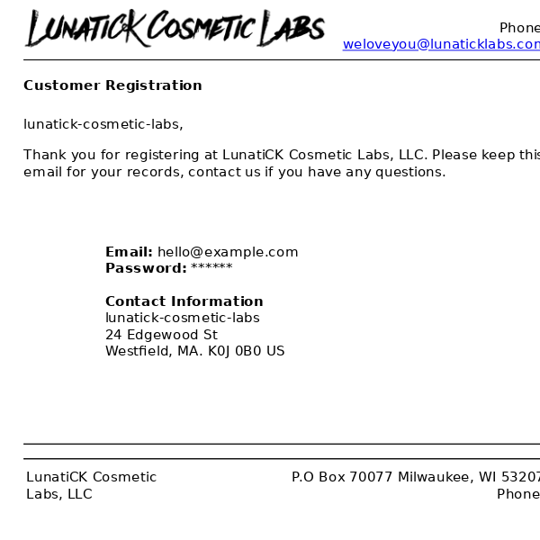 LunatiCK Cosmetic Labs, LLC: Customer Registration