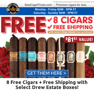 💥 8 Free Cigars + Free Shipping with Select Drew Estate Boxes 💥