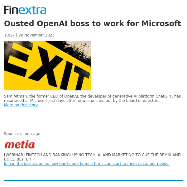 Finextra News Flash: Ousted OpenAI boss to work for Microsoft