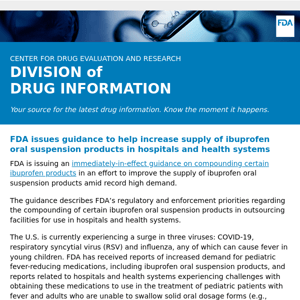 FDA issues guidance to help increase supply of ibuprofen oral suspension products in hospitals and health systems - Drug Information Update