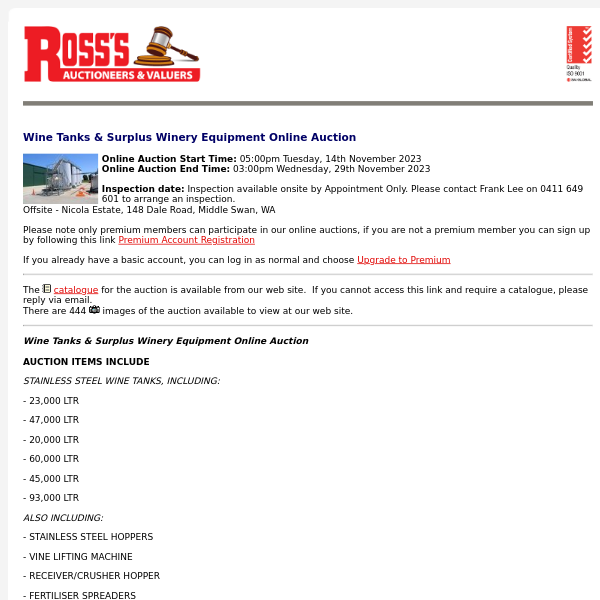 *REMINDER* Ross's > Wine Tanks & Surplus Winery Equipment Online Auction 29/11/23