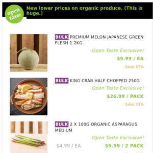 PREMIUM MELON JAPANESE GREEN FLESH 1.2KG ($9.99 / EA), KING CRAB HALF CHOPPED 250G and many more!