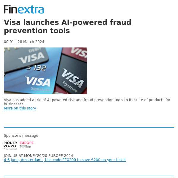 Finextra News Flash: Visa launches AI-powered fraud prevention tools