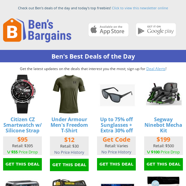 Ben's Best Deals: $95 Citizen Smartwatch - $12 UA Shirt - $385 Champion Generator (4250W) - $8.85 Carhartt Socks