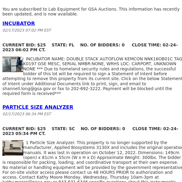 GSA Auctions Lab Equipment Update