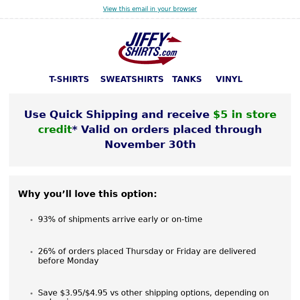 Use Our New Quick Shipping, Get $5 Store Credit