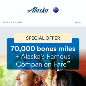 Alaska Airlines, this 70,000 bonus mile offer is just for you.