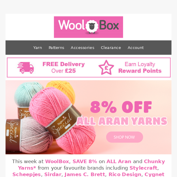 SAVE 8% on All ARAN & CHUNKY Yarns: This Week at WoolBox