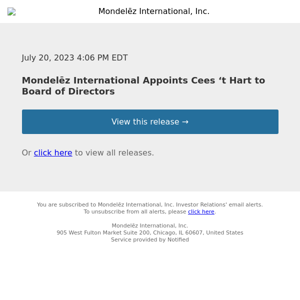 Mondelēz International Appoints Cees ‘t Hart to Board of Directors