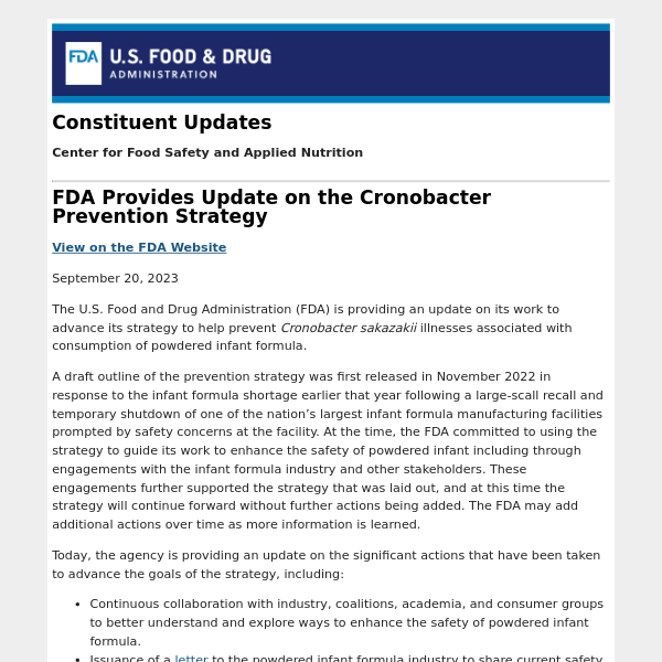 FDA Provides Update on the Cronobacter Prevention Strategy
