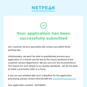 Your Netpeak application has been successfully submitted