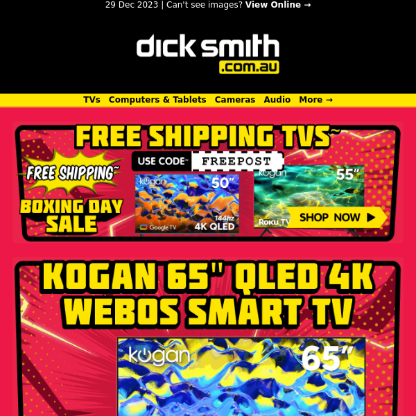 Boxing Day Sale! 50% OFF Kogan 65" QLED 4K Smart TV $629 + Free Shipping