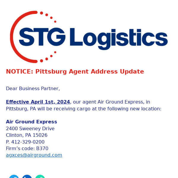 NOTICE: Pittsburg Agent Address Update