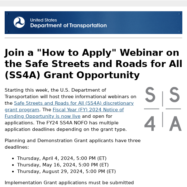 Starting This Week: How to Apply Webinars for the FY24 Safe Streets and Roads for All Grant Opportunity