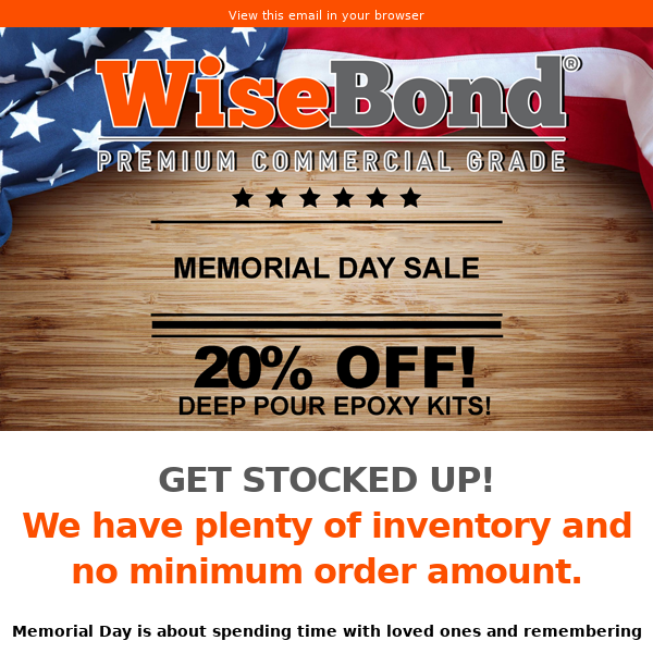 WiseBond 20% Off Deep Pour Memorial Day Sale